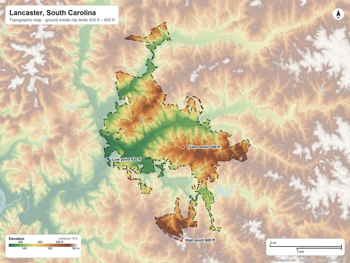 Topographic elevation map of Lancaster, South Carolina, shaded from 420 ft on the west side to 600 ft on the south side