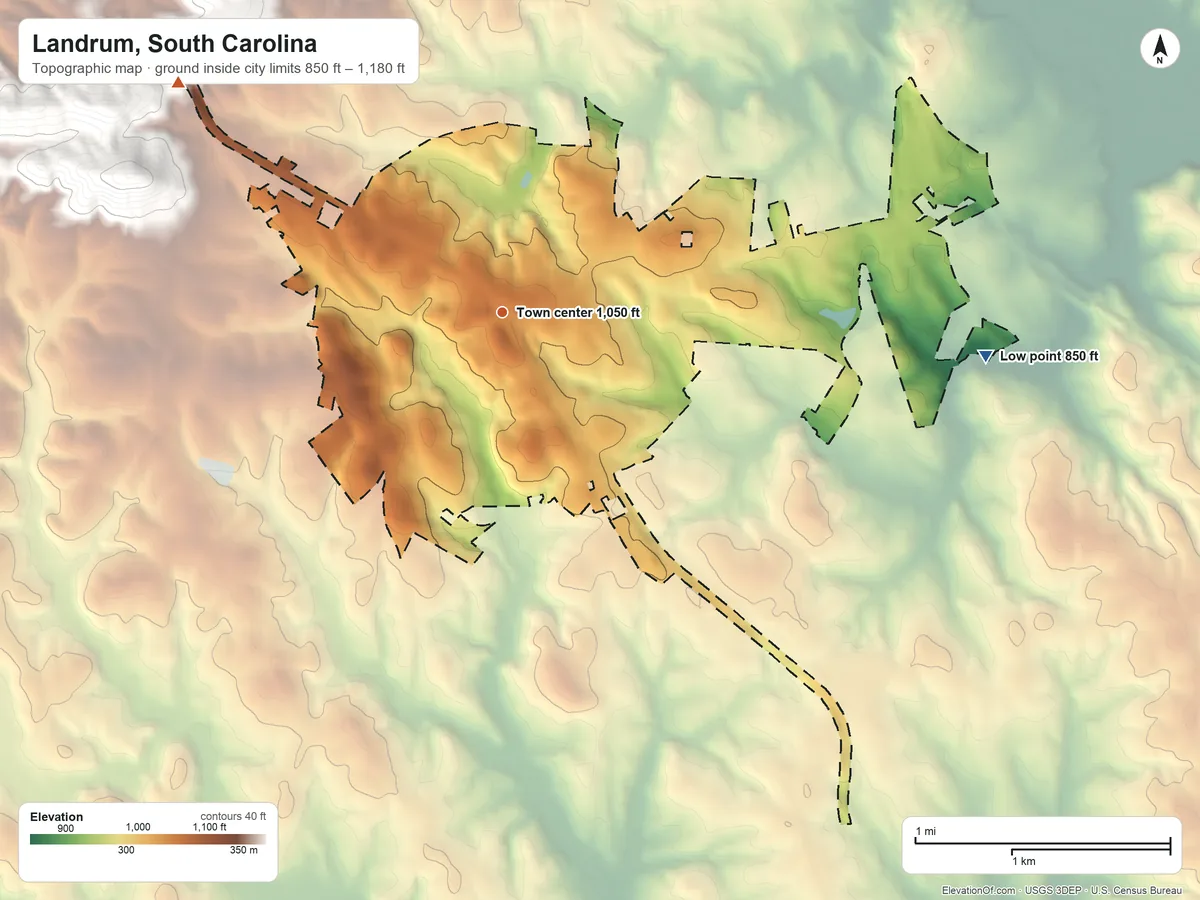 Topographic elevation map of Landrum, South Carolina, shaded from 850 ft on the east side to 1,180 ft at the foot of the Saluda Mountains