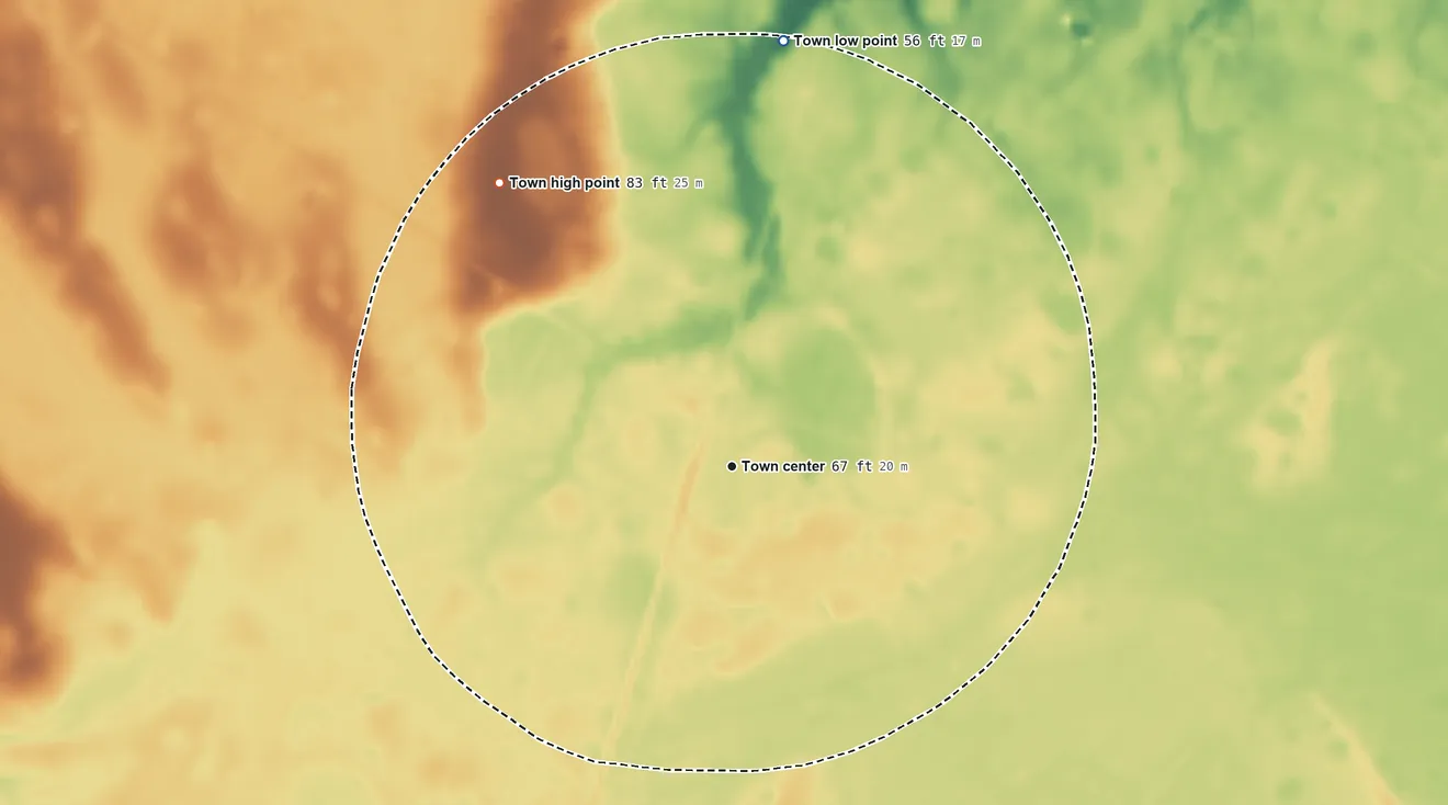 Topographic elevation map of Lane, South Carolina, shaded from 56 ft on the north side to 83 ft on the northwest side