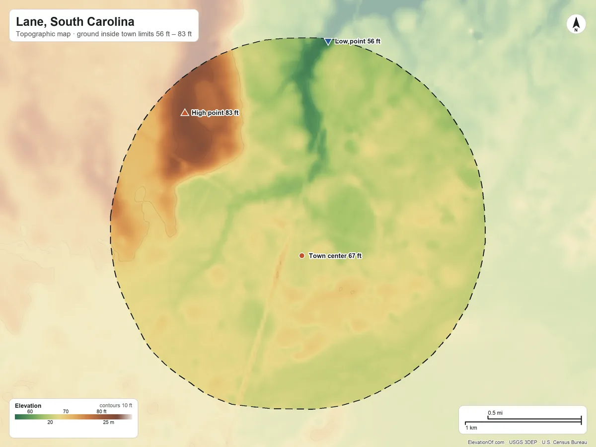 Topographic elevation map of Lane, South Carolina, shaded from 56 ft on the north side to 83 ft on the northwest side