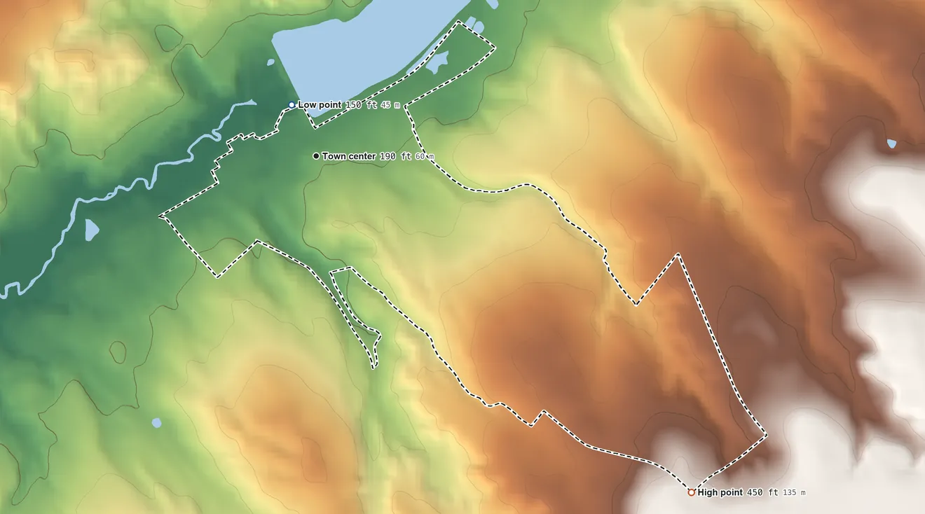 Topographic elevation map of Langley, South Carolina, shaded from 150 ft near the middle to 450 ft on the southeast side