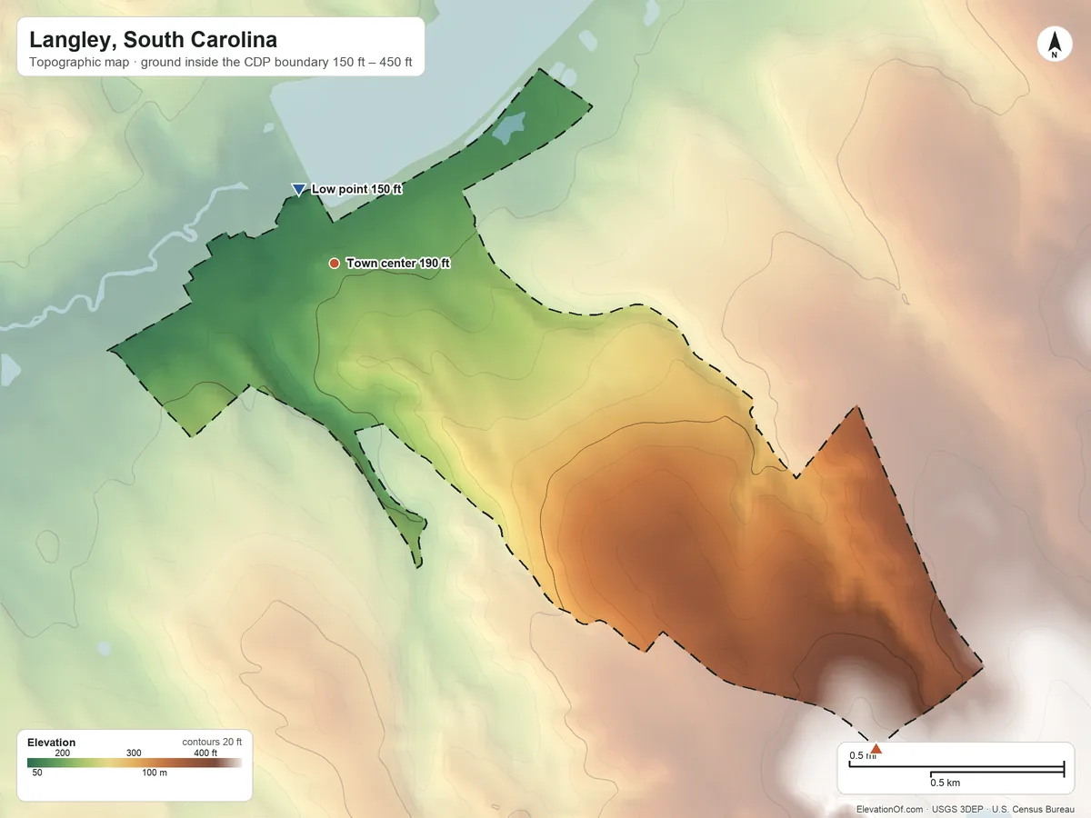 Topographic elevation map of Langley, South Carolina, shaded from 150 ft near the middle to 450 ft on the southeast side