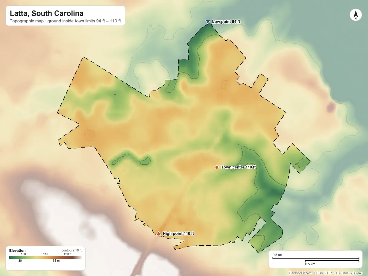 Topographic elevation map of Latta, South Carolina, shaded from 94 ft on the north side to 110 ft on the southwest side