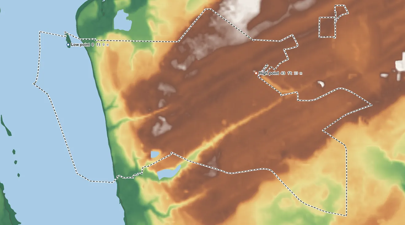 Topographic elevation map of Laurel Bay, South Carolina, shaded from 0 ft on the northwest side to 43 ft on the northeast side