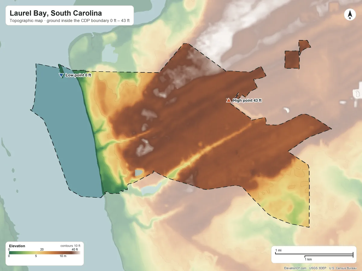 Topographic elevation map of Laurel Bay, South Carolina, shaded from 0 ft on the northwest side to 43 ft on the northeast side