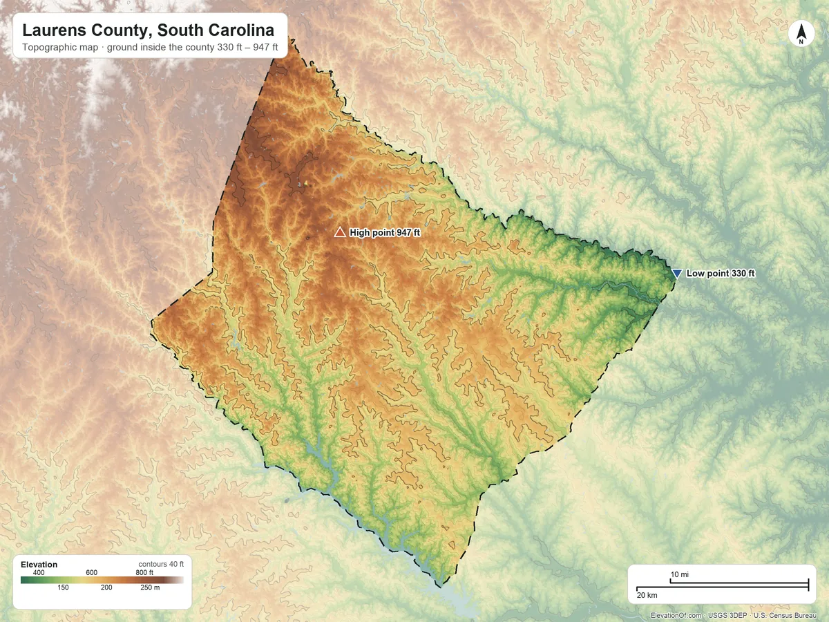 Topographic elevation map of Laurens County, South Carolina, shaded from 330 ft on the east side to 947 ft on Little Knob