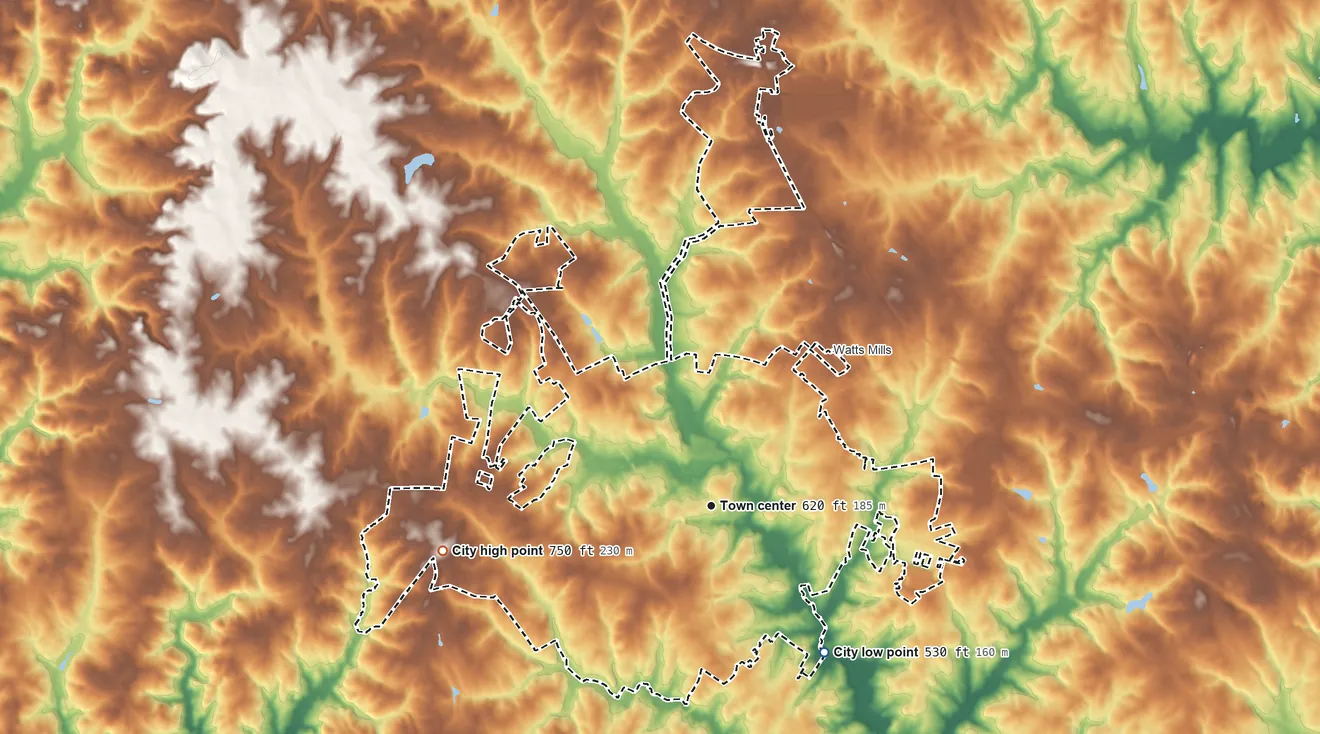 Topographic elevation map of Laurens, South Carolina, shaded from 530 ft on the southeast side to 750 ft on the west side