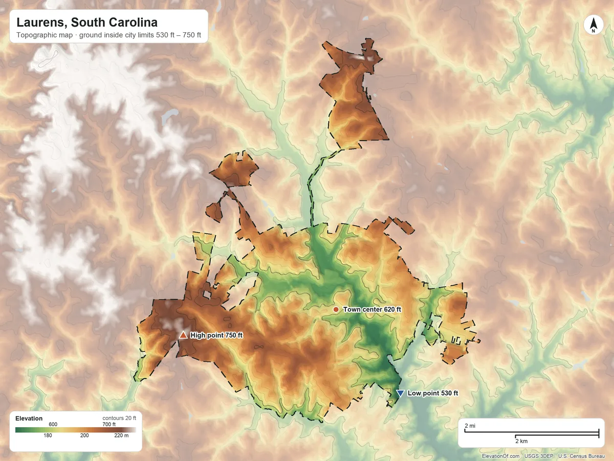 Topographic elevation map of Laurens, South Carolina, shaded from 530 ft on the southeast side to 750 ft on the west side