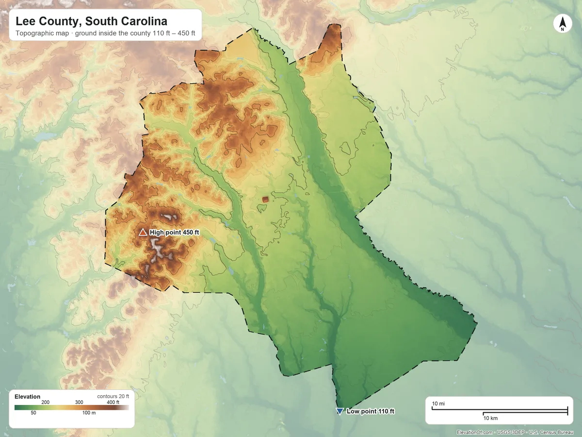 Topographic elevation map of Lee County, South Carolina, shaded from 110 ft on the south side to 450 ft on Spring Hill