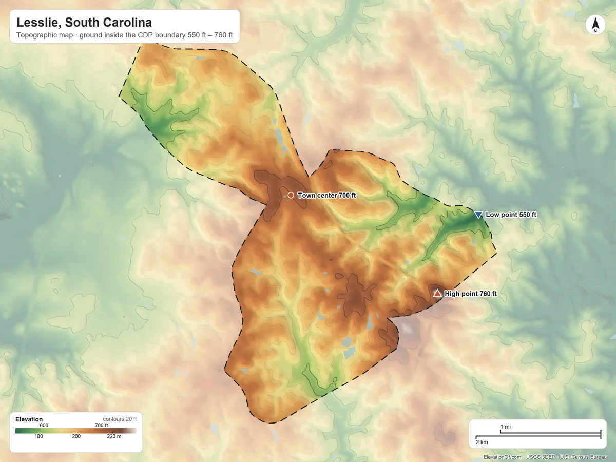 Topographic elevation map of Lesslie, South Carolina, shaded from 550 ft on the east side to 760 ft on the southeast side