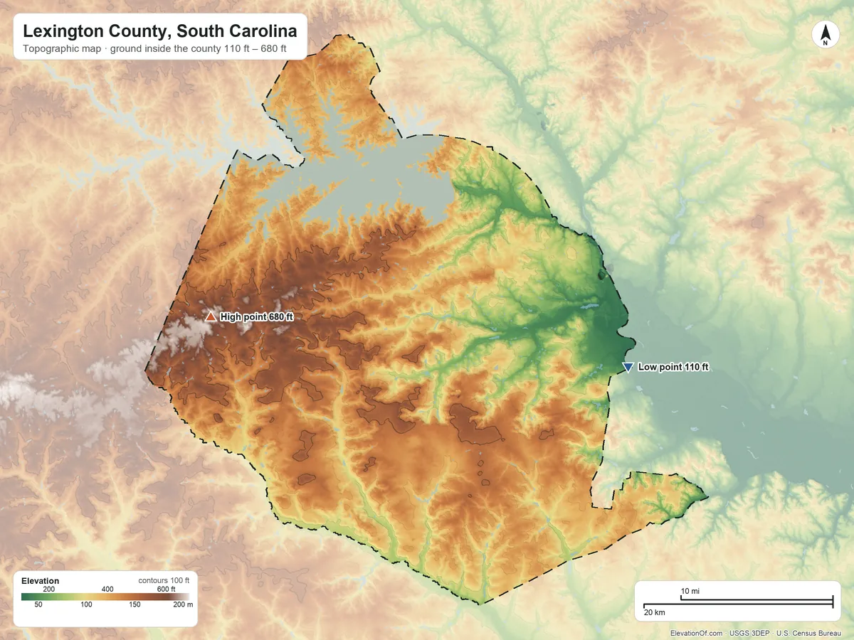 Topographic elevation map of Lexington County, South Carolina, shaded from 110 ft on the east side to 680 ft on the west side