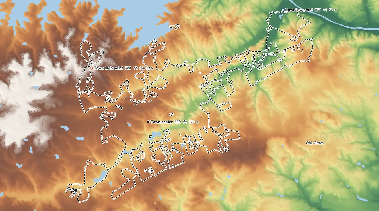 Topographic elevation map of Lexington, South Carolina, shaded from 170 ft on the northeast side to 520 ft on the northwest side