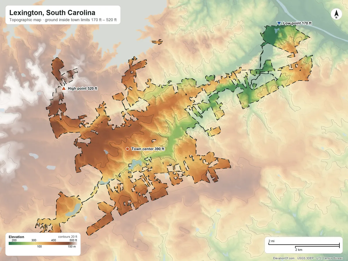 Topographic elevation map of Lexington, South Carolina, shaded from 170 ft on the northeast side to 520 ft on the northwest side