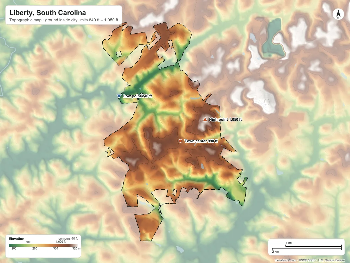Topographic elevation map of Liberty, South Carolina, shaded from 840 ft on the northwest side to 1,050 ft on the northeast side