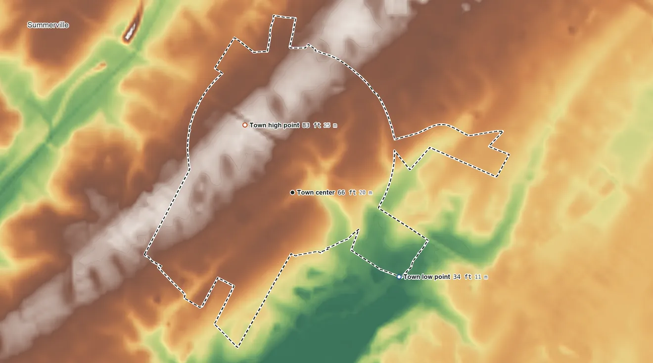Topographic elevation map of Lincolnville, South Carolina, shaded from 34 ft on the southeast side to 83 ft on the northwest side