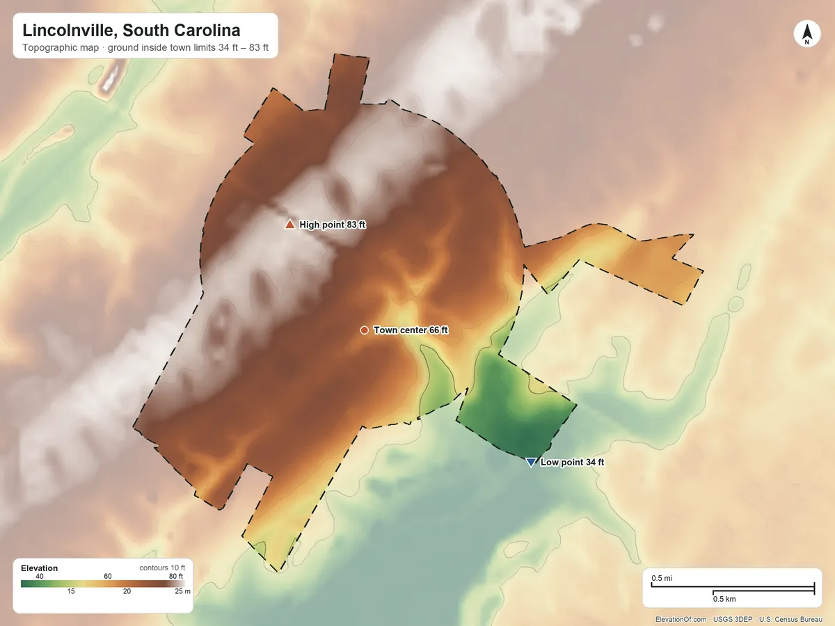 Topographic elevation map of Lincolnville, South Carolina, shaded from 34 ft on the southeast side to 83 ft on the northwest side