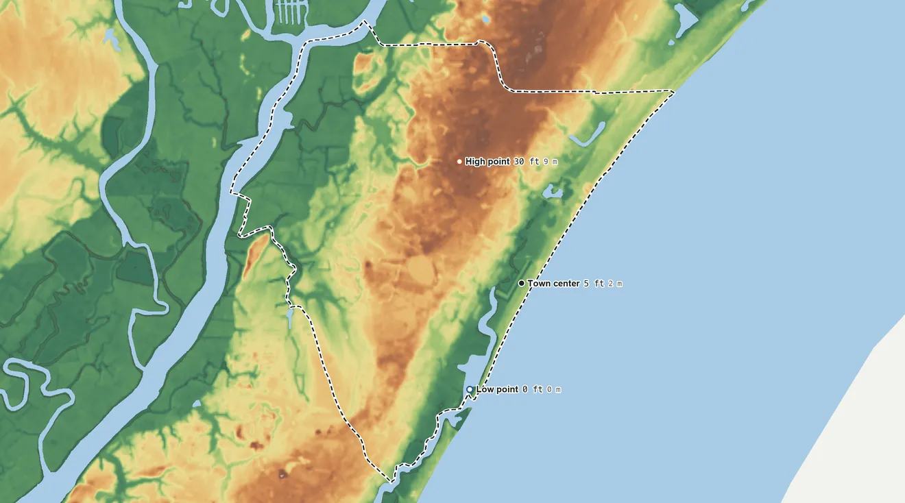 Topographic elevation map of Litchfield Beach, South Carolina, shaded from sea level level on the Atlantic Ocean to 30 ft on the northwest side