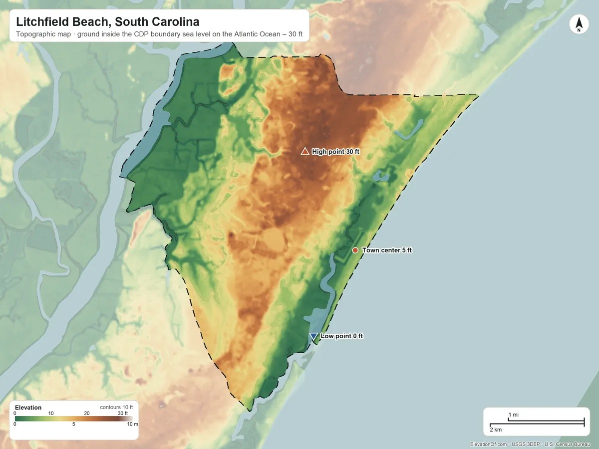 Topographic elevation map of Litchfield Beach, South Carolina, shaded from sea level level on the Atlantic Ocean to 30 ft on the northwest side
