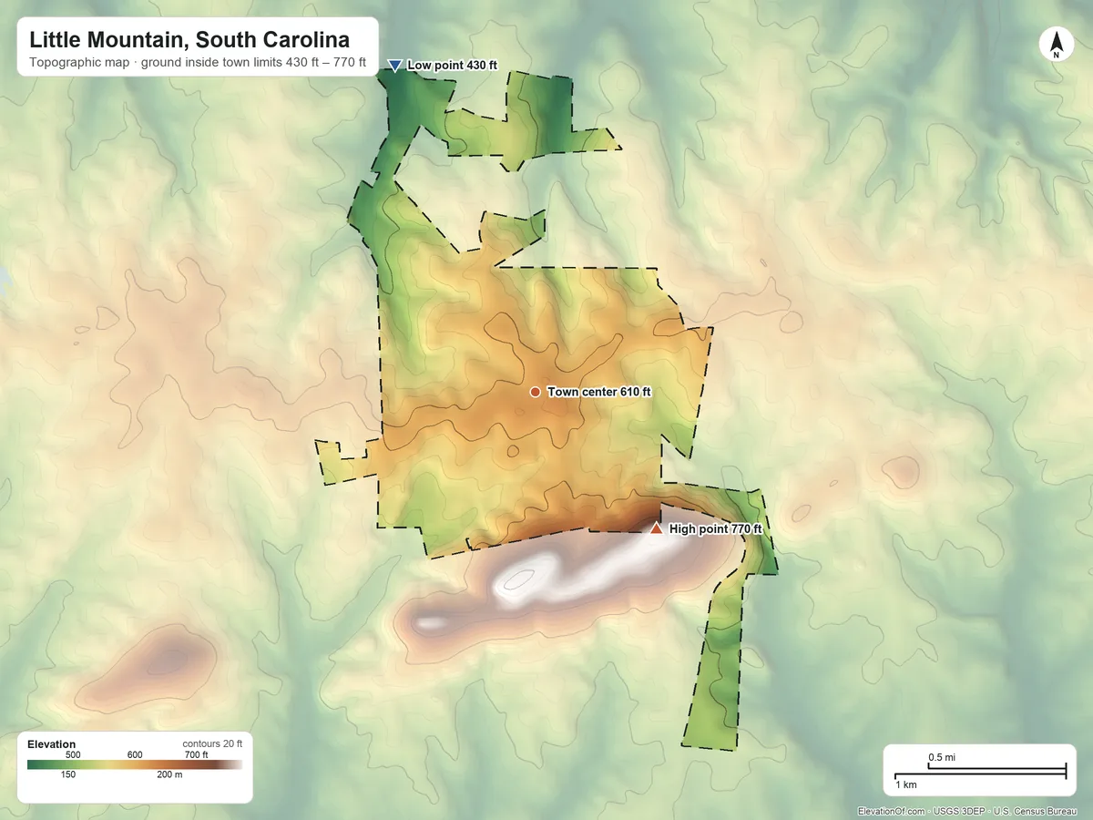 Topographic elevation map of Little Mountain, South Carolina, shaded from 430 ft on the northwest side to 770 ft on the southeast side