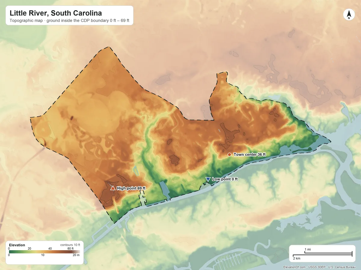 Topographic elevation map of Little River, South Carolina, shaded from 0 ft near the middle to 69 ft on the west side