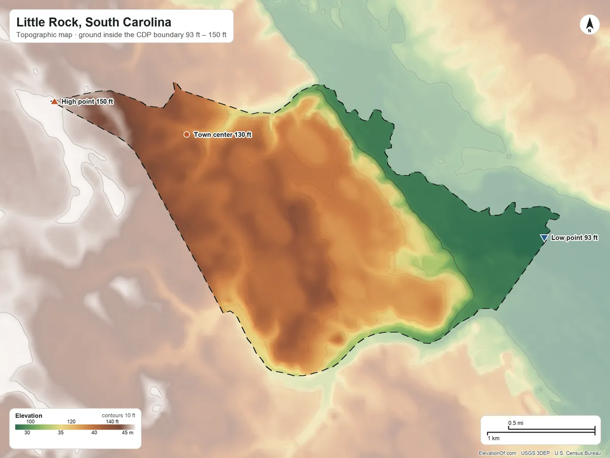 Topographic elevation map of Little Rock, South Carolina, shaded from 93 ft on the east side to 150 ft on the west side