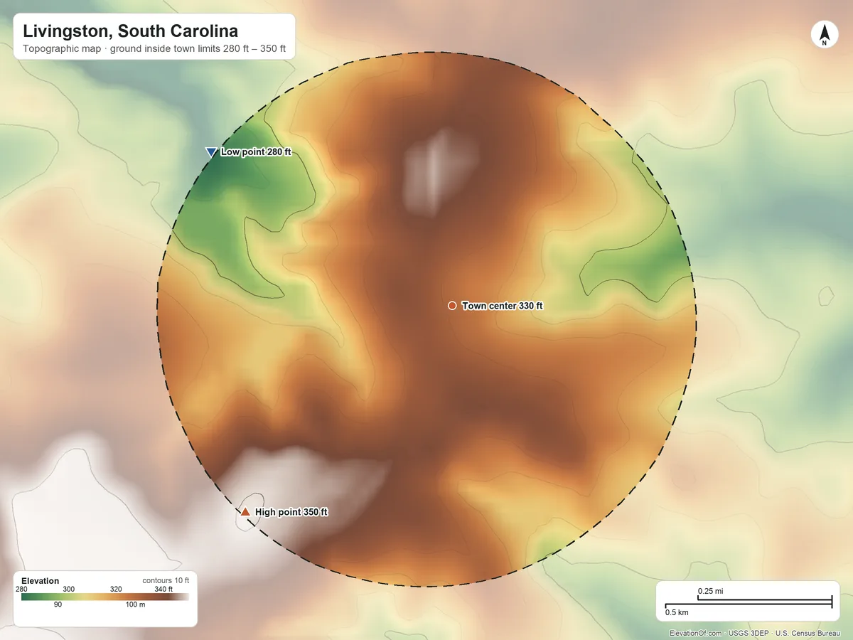 Topographic elevation map of Livingston, South Carolina, shaded from 280 ft on the northwest side to 350 ft on the southwest side