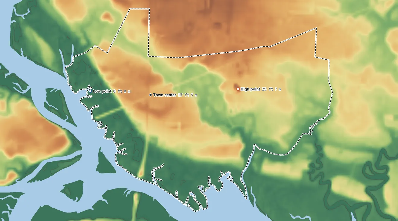 Topographic elevation map of Lobeco, South Carolina, shaded from 0 ft on the west side to 25 ft on the east side