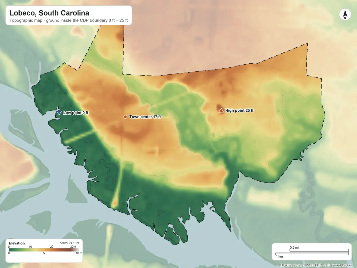 Topographic elevation map of Lobeco, South Carolina, shaded from 0 ft on the west side to 25 ft on the east side