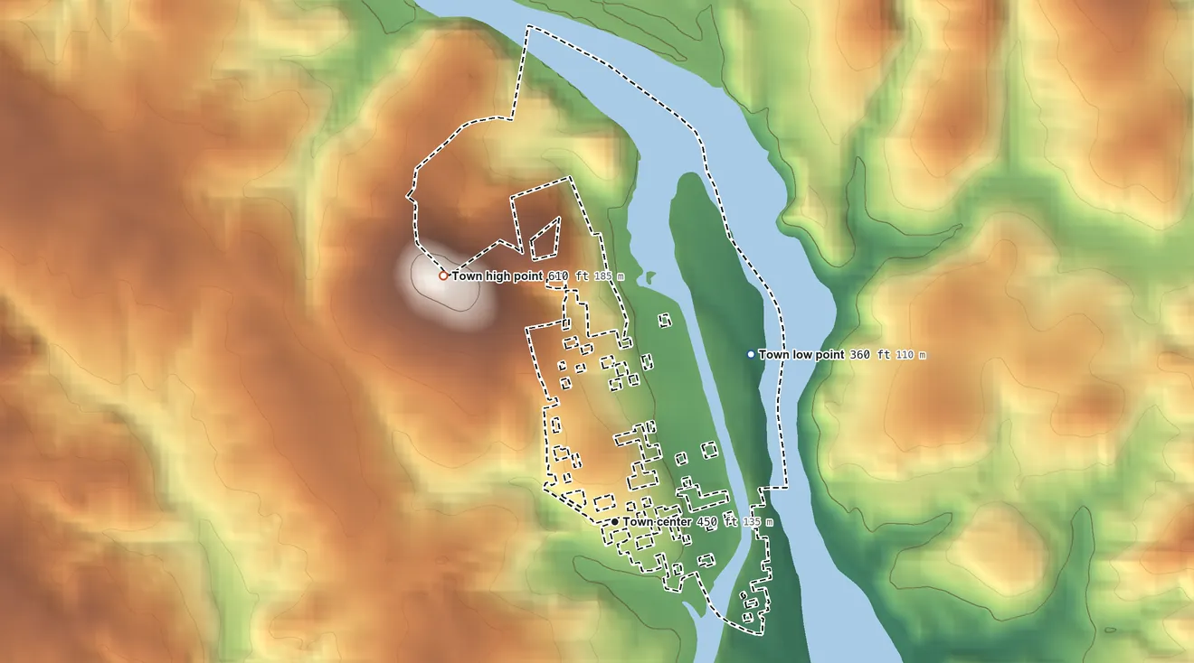 Topographic elevation map of Lockhart, South Carolina, shaded from 360 ft on the northeast side to 610 ft on the northwest side