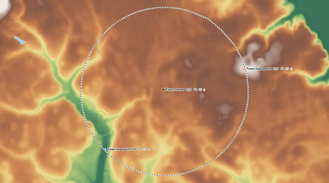 Topographic elevation map of Lodge, South Carolina, shaded from 80 ft on the southwest side to 120 ft on the east side