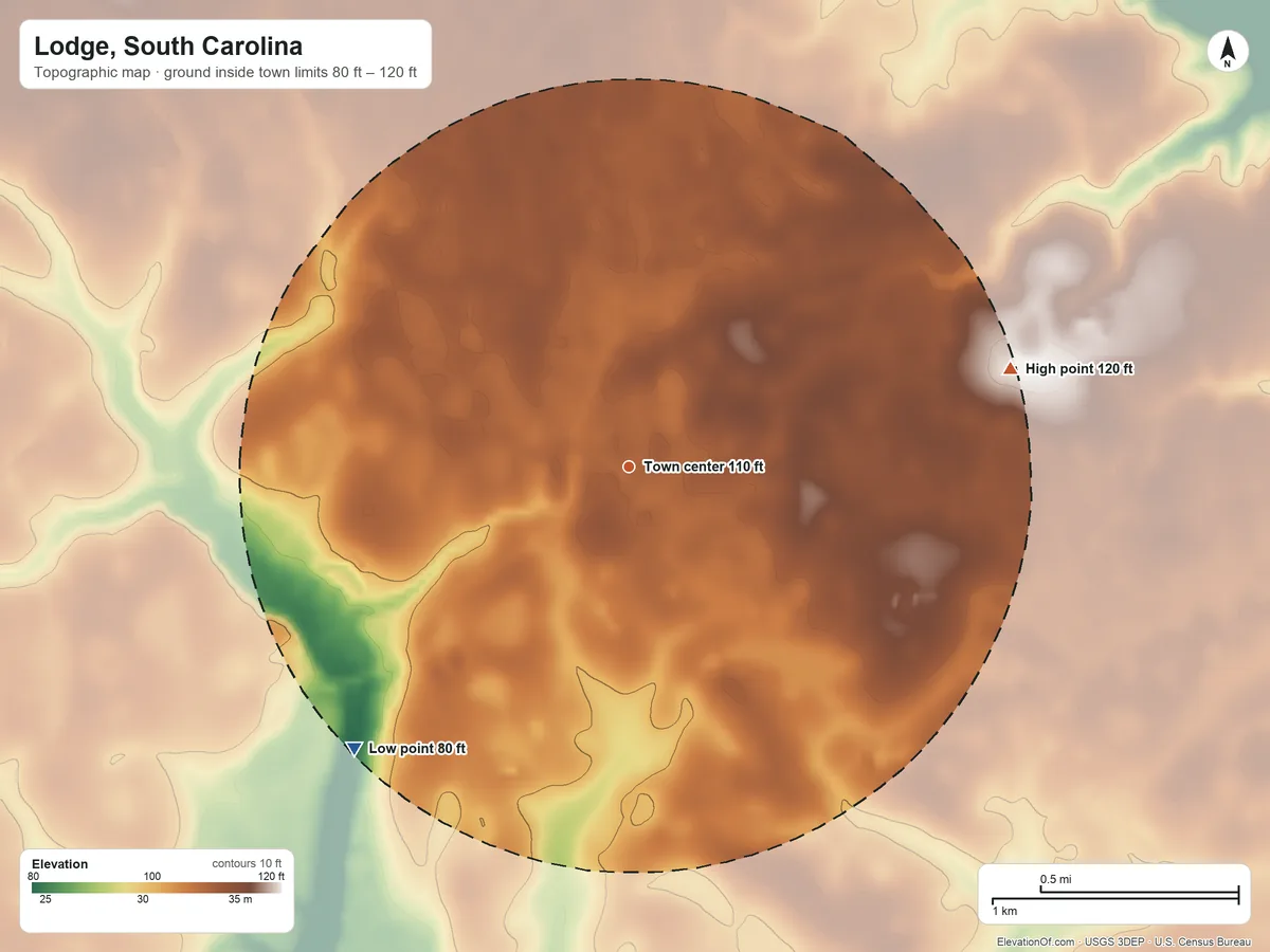 Topographic elevation map of Lodge, South Carolina, shaded from 80 ft on the southwest side to 120 ft on the east side