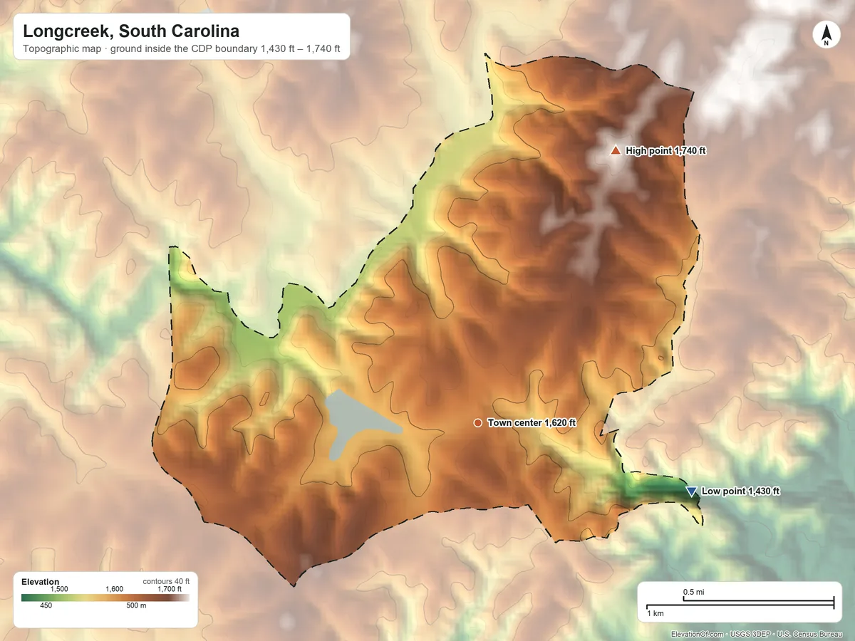 Topographic elevation map of Longcreek, South Carolina, shaded from 1,430 ft on the east side to 1,740 ft on the northeast edge, below higher ground just outside
