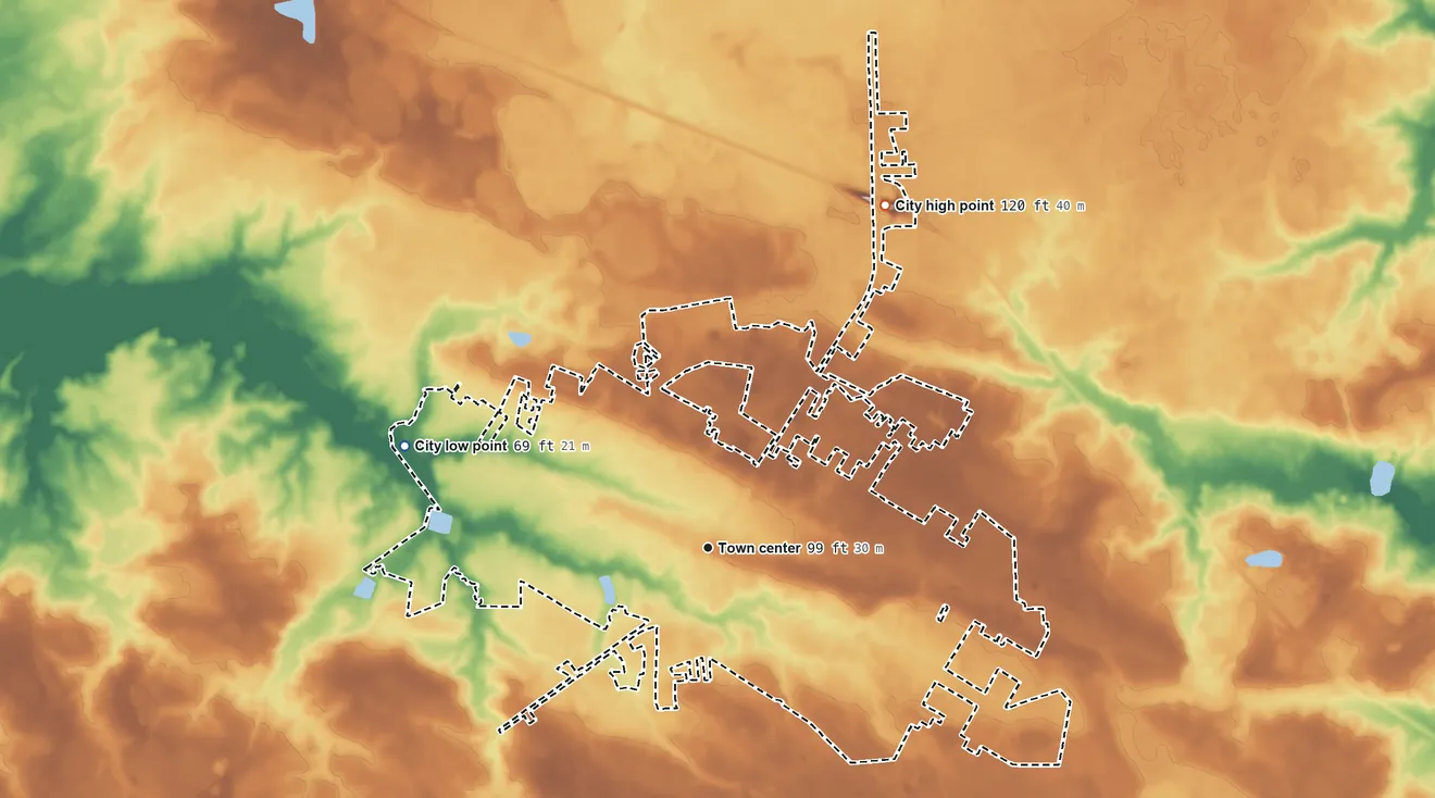 Topographic elevation map of Loris, South Carolina, shaded from 69 ft on the west side to 120 ft on the northeast side