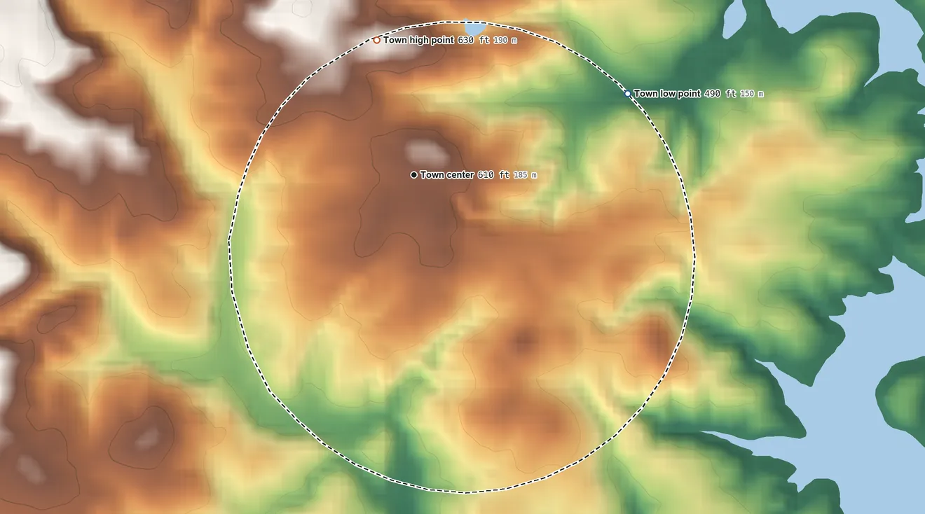 Topographic elevation map of Lowndesville, South Carolina, shaded from 490 ft on the east side to 630 ft on the north side