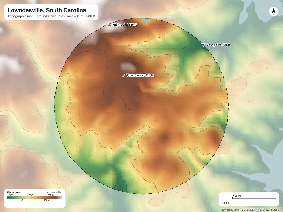 Topographic elevation map of Lowndesville, South Carolina, shaded from 490 ft on the east side to 630 ft on the north side