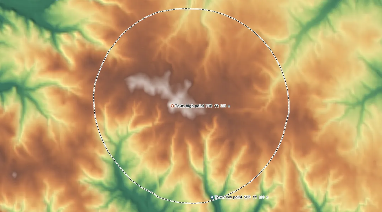 Topographic elevation map of Lowrys, South Carolina, shaded from 580 ft on the south side to 730 ft near the middle