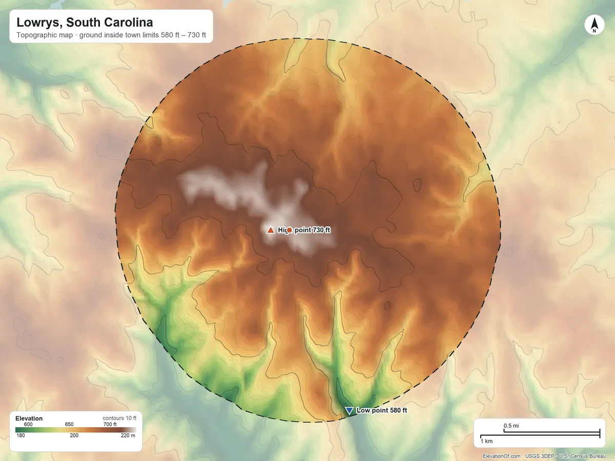 Topographic elevation map of Lowrys, South Carolina, shaded from 580 ft on the south side to 730 ft near the middle