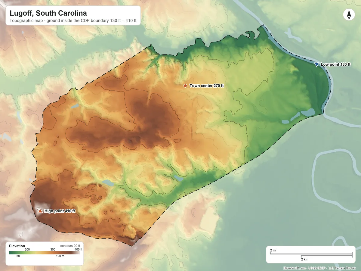 Topographic elevation map of Lugoff, South Carolina, shaded from 130 ft on the east side to 410 ft on the southwest side