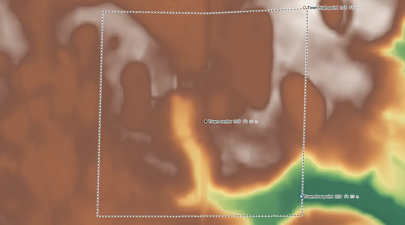 Topographic elevation map of Luray, South Carolina, shaded from 110 ft on the southeast side to 140 ft on the northeast side
