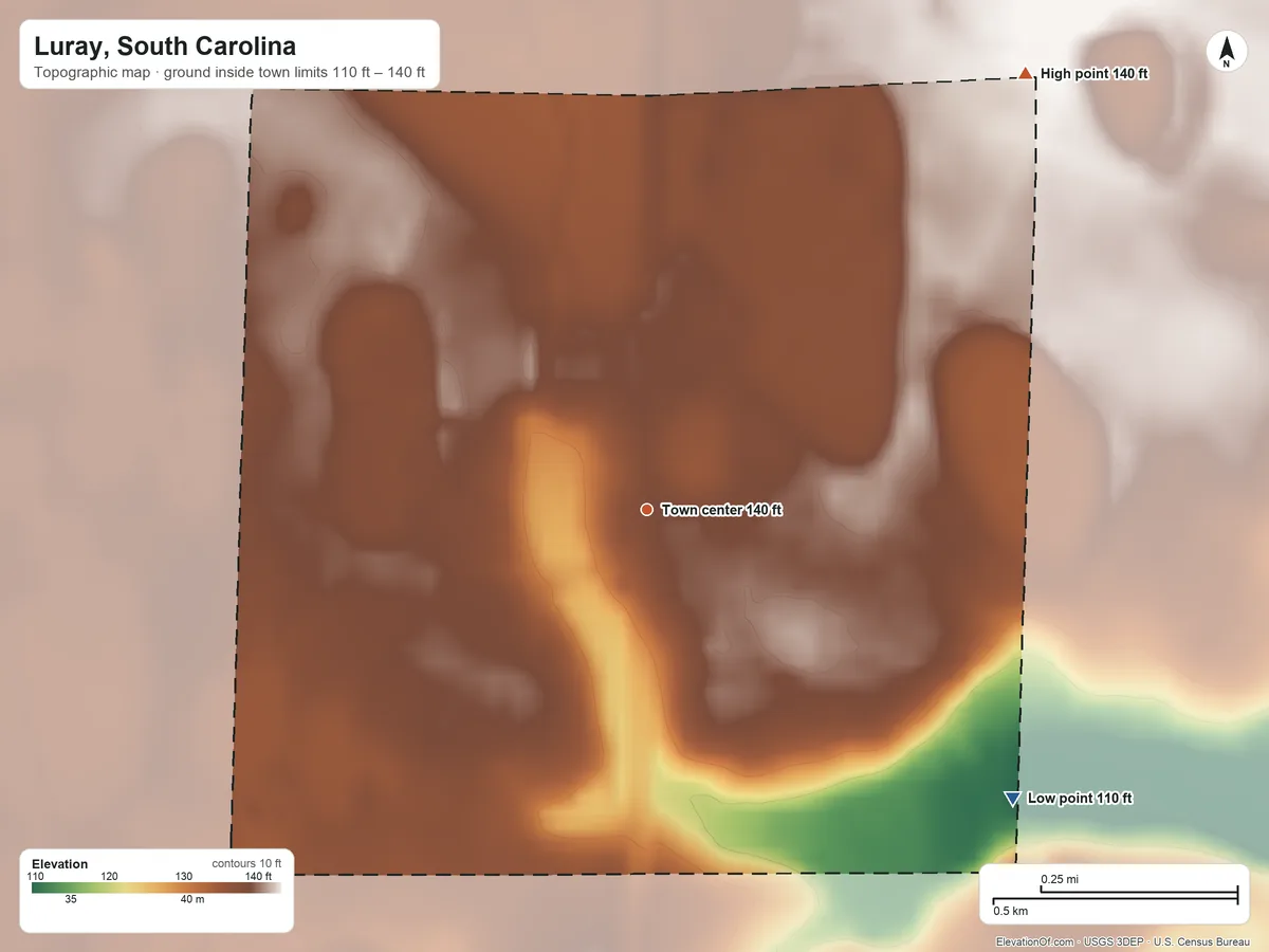 Topographic elevation map of Luray, South Carolina, shaded from 110 ft on the southeast side to 140 ft on the northeast side