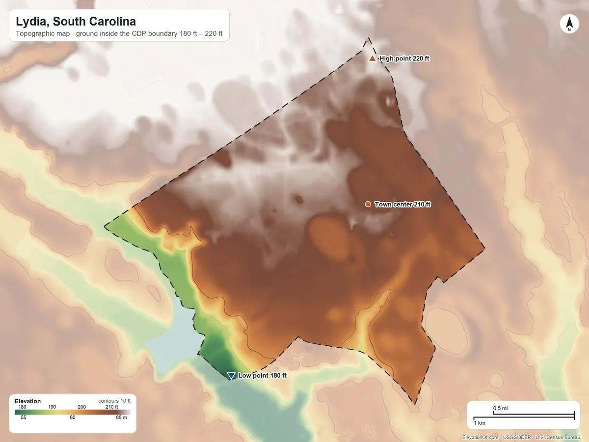 Topographic elevation map of Lydia, South Carolina, shaded from 180 ft on the southwest side to 220 ft on the north side