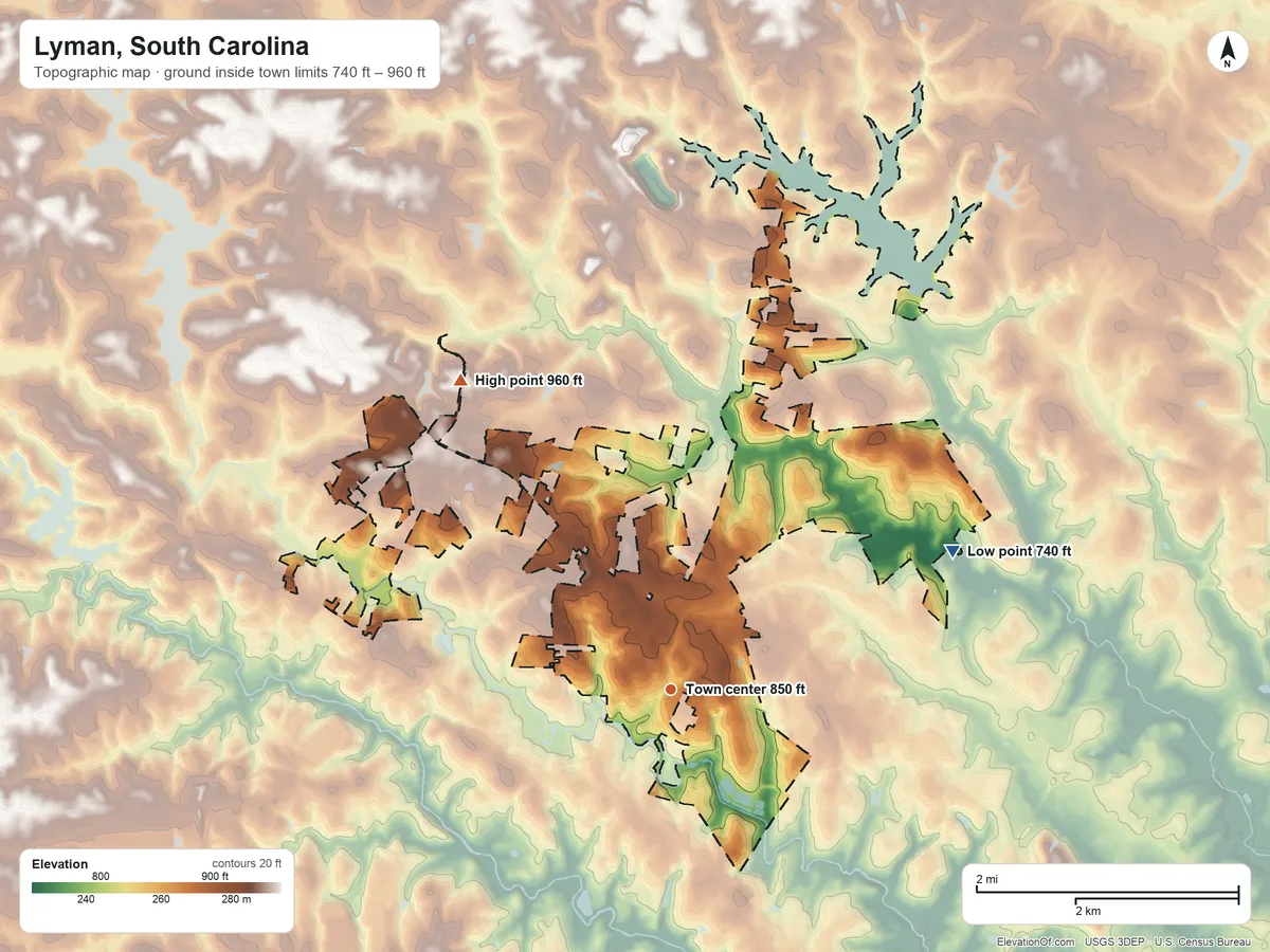 Topographic elevation map of Lyman, South Carolina, shaded from 740 ft on the northeast side to 960 ft on the northwest side