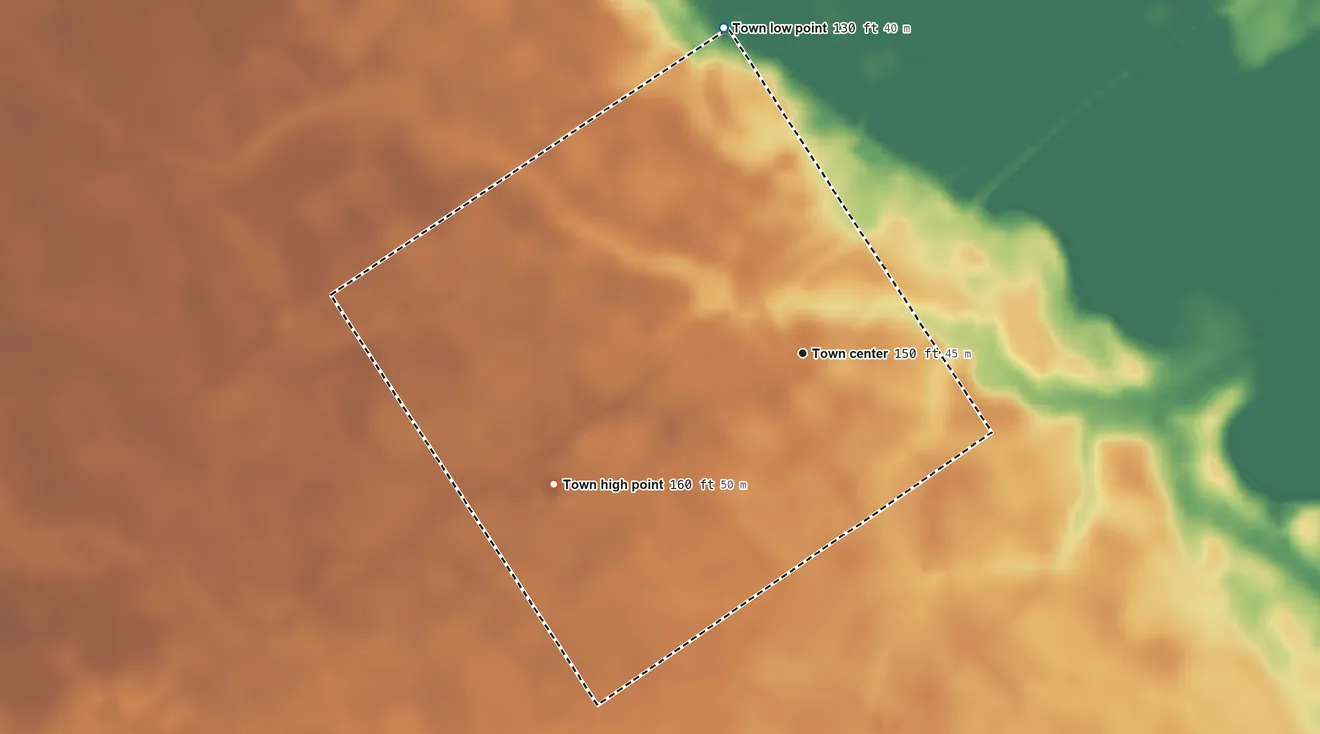 Topographic elevation map of Lynchburg, South Carolina, shaded from 130 ft on the north side to 160 ft on the southwest side