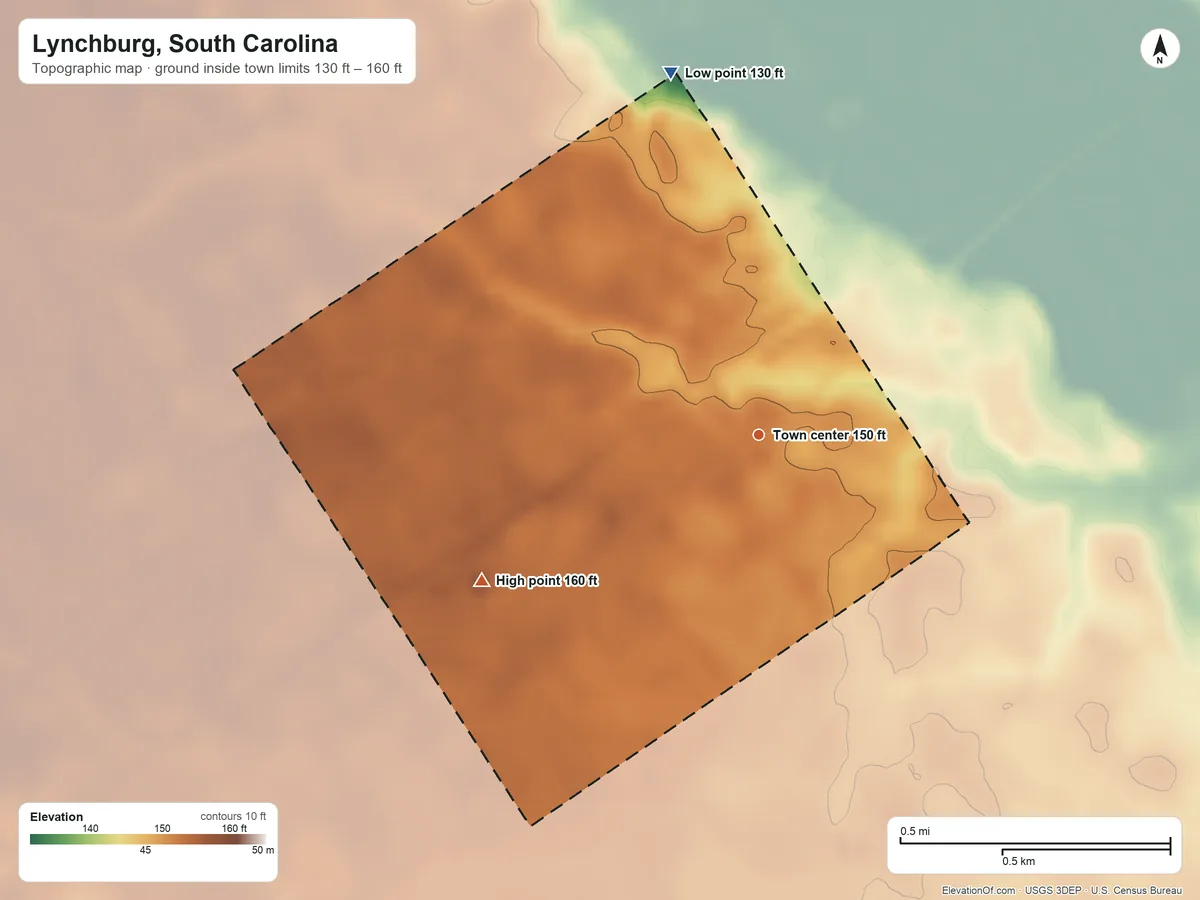 Topographic elevation map of Lynchburg, South Carolina, shaded from 130 ft on the north side to 160 ft on the southwest side