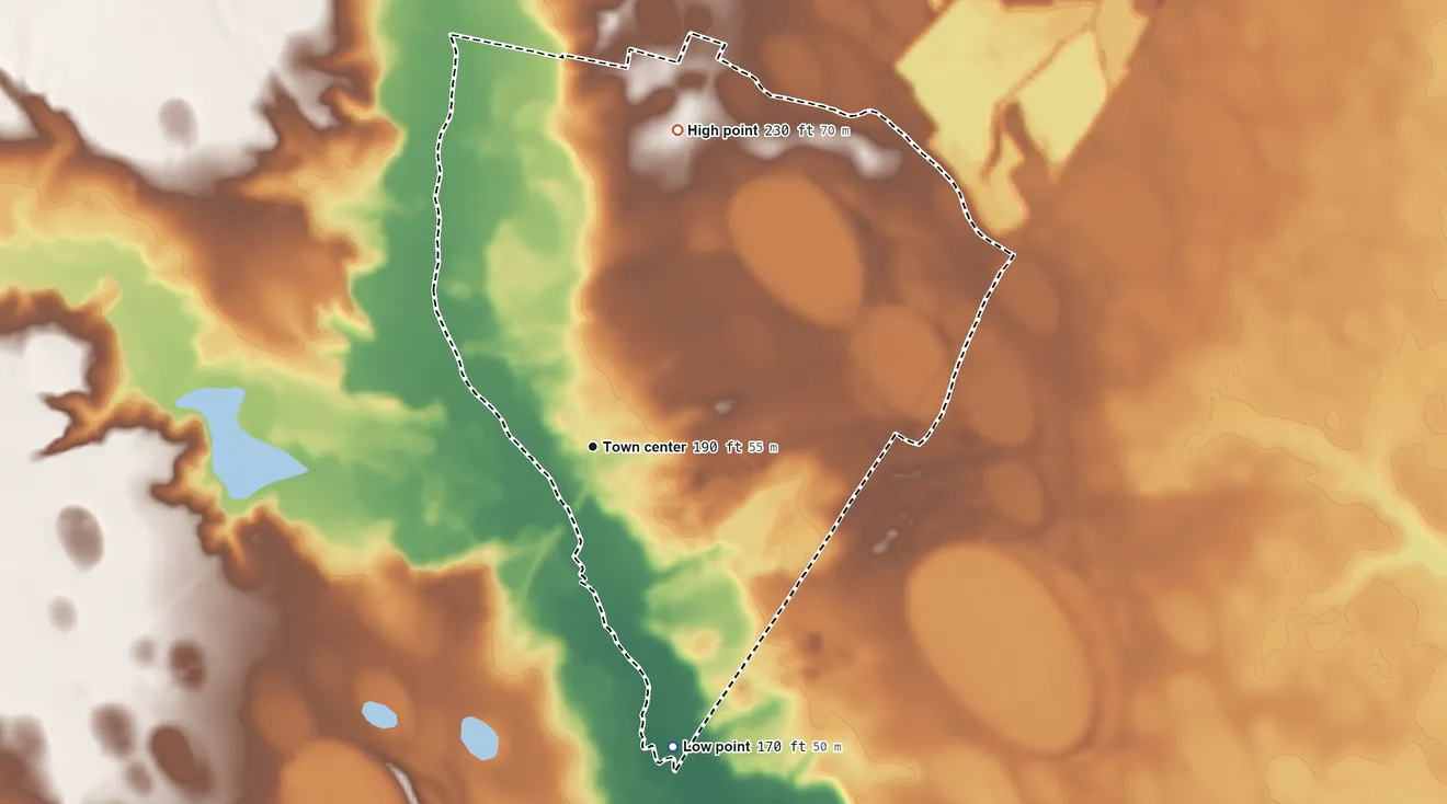 Topographic elevation map of Manville, South Carolina, shaded from 170 ft on the south side to 230 ft on the north side