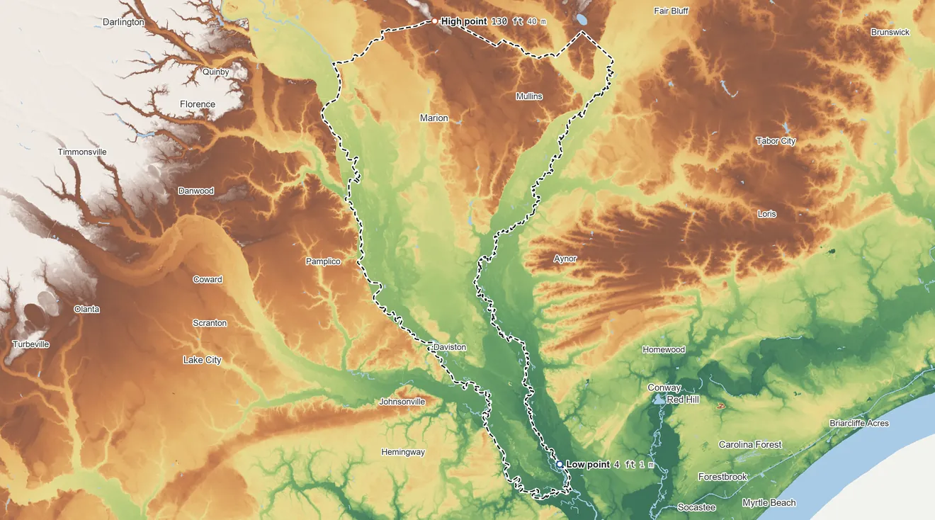 Topographic elevation map of Marion County, South Carolina, shaded from 4 ft on the southeast side to 130 ft on the north side
