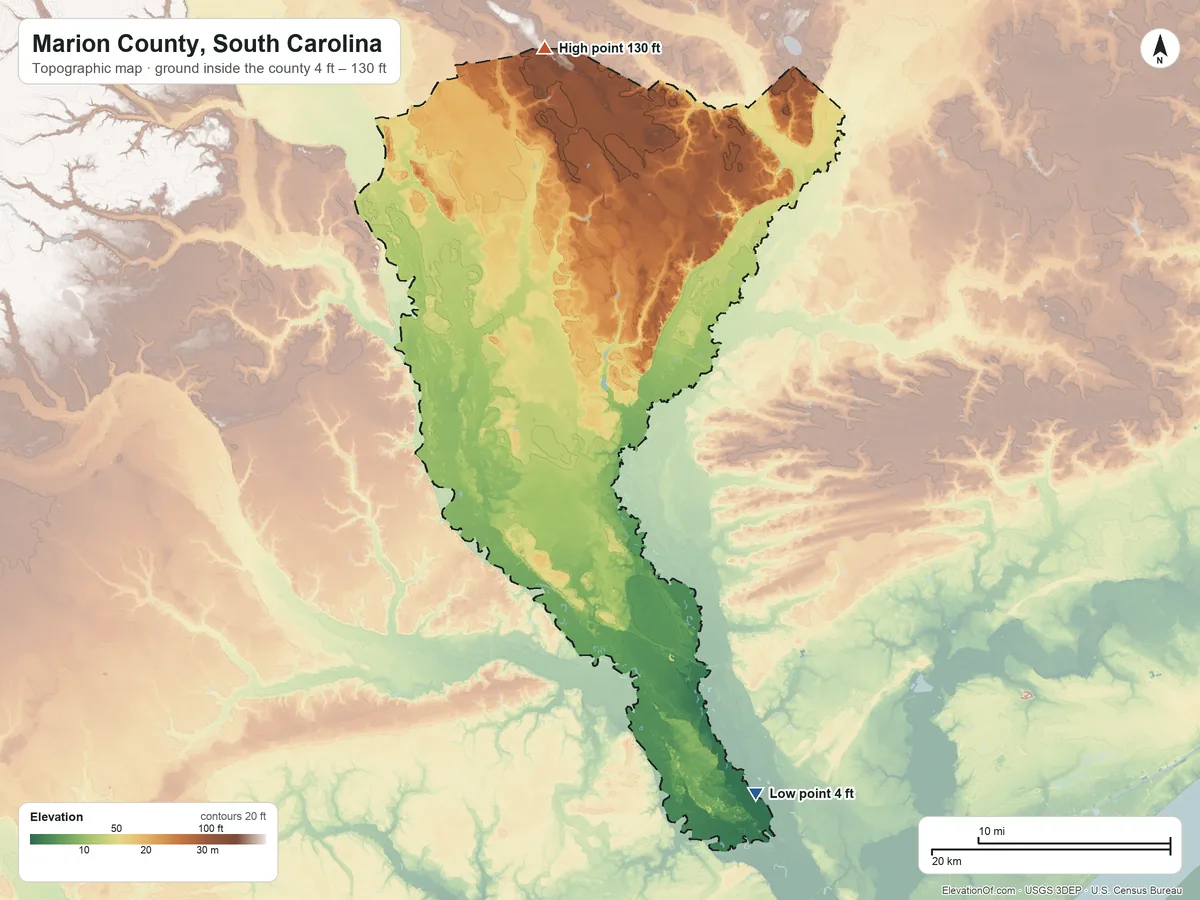 Topographic elevation map of Marion County, South Carolina, shaded from 4 ft on the southeast side to 130 ft on the north side