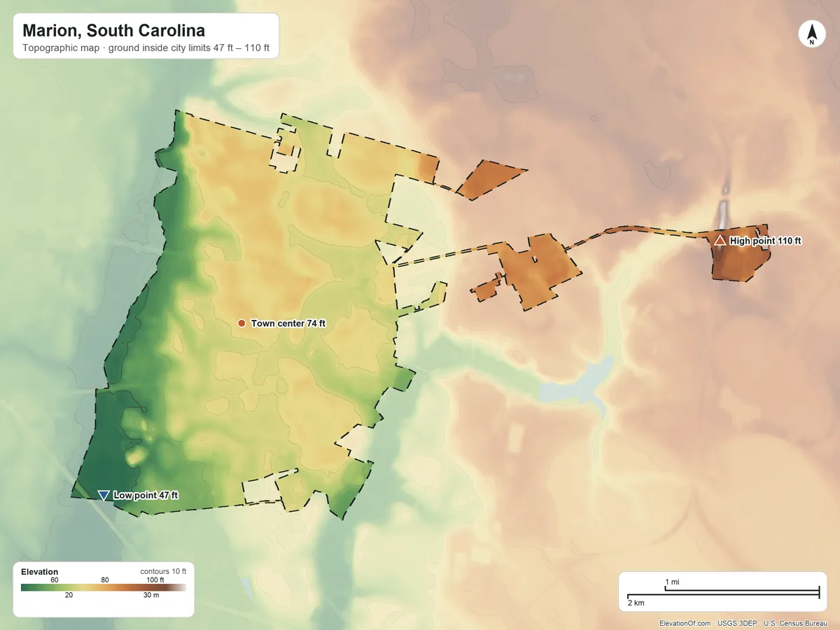 Topographic elevation map of Marion, South Carolina, shaded from 47 ft on the southwest side to 110 ft on the east side