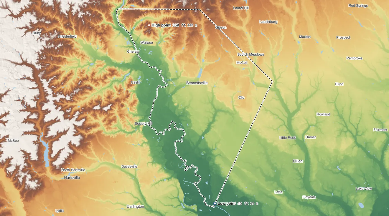 Topographic elevation map of Marlboro County, South Carolina, shaded from 45 ft on the south side to 360 ft on the northwest side