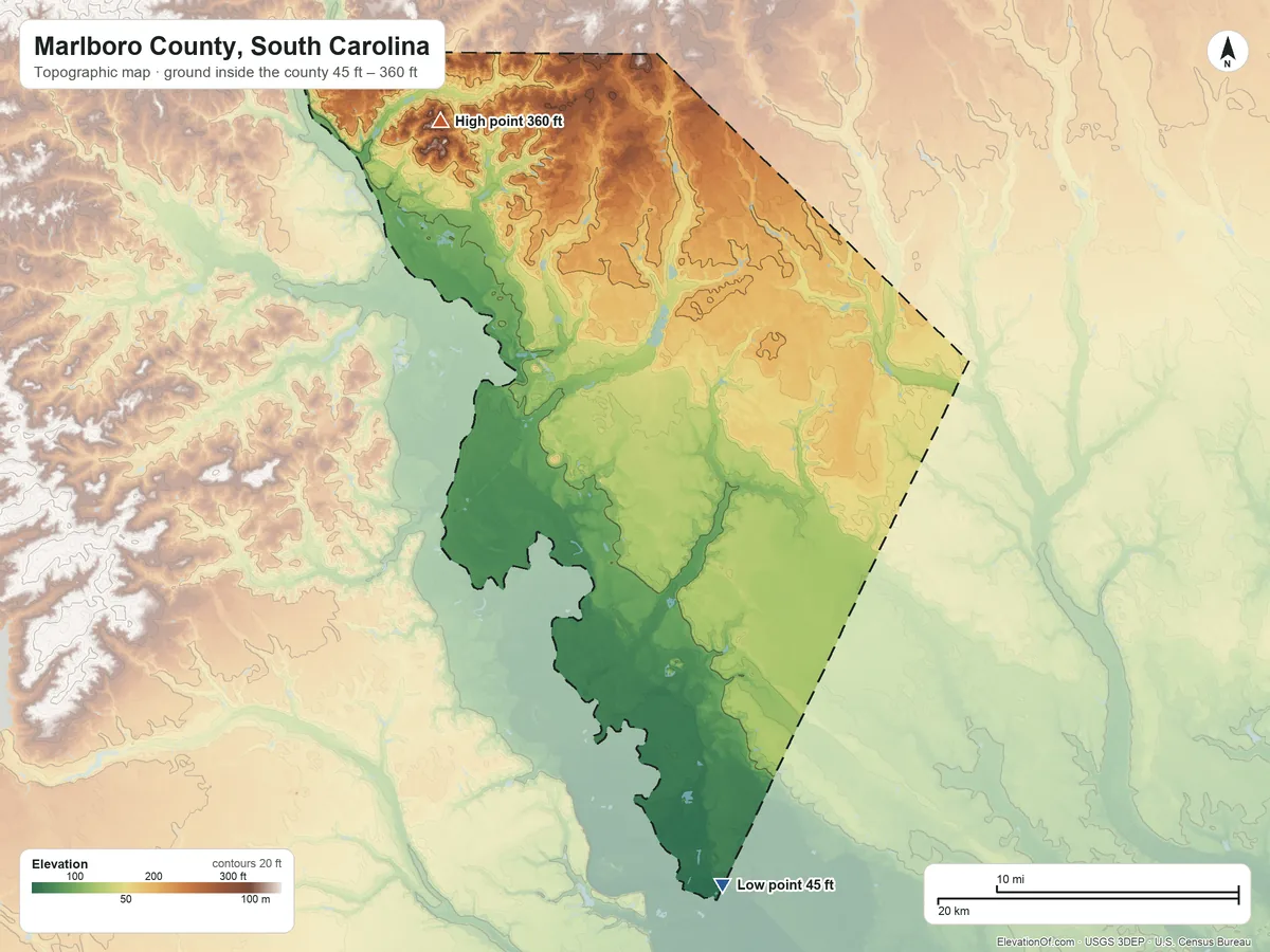 Topographic elevation map of Marlboro County, South Carolina, shaded from 45 ft on the south side to 360 ft on the northwest side